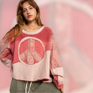 🆕 POL Long Sleeve - Oversized French Terry Pullover w/ Peace Sign - Dried Red